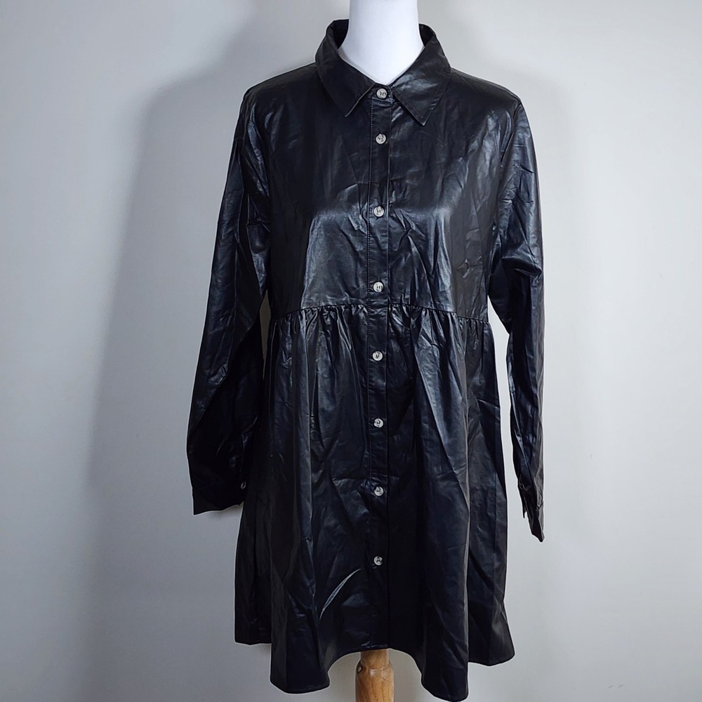 NEW Faux Leather Babydoll Shirt Dress Womens Large Black Button Goth Rock Edgy